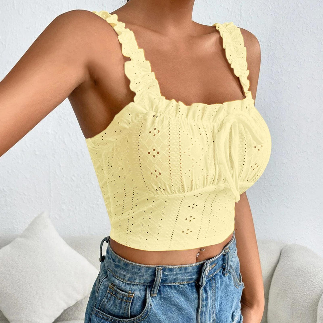 Eyelet Tank Tops for Women Ruffle Ruched Sleeveless Square Neck Tie Front Bust Crop Camisole Tops for Travel excellent