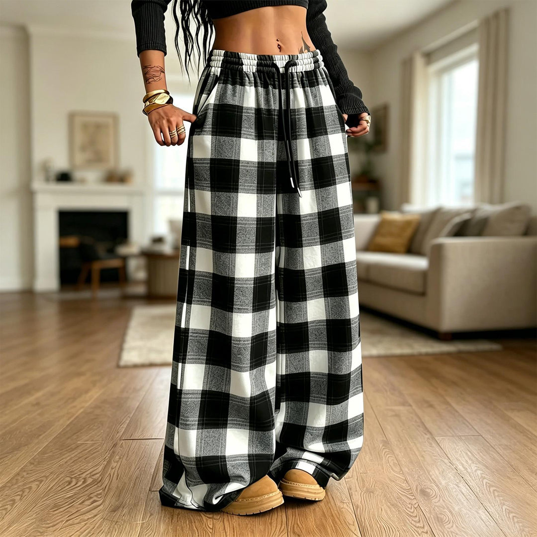 Plaid Pants for Women Wide Leg Drawstring Elastic Waist Trousers for Women with Pockets for Vacation Dating liberal