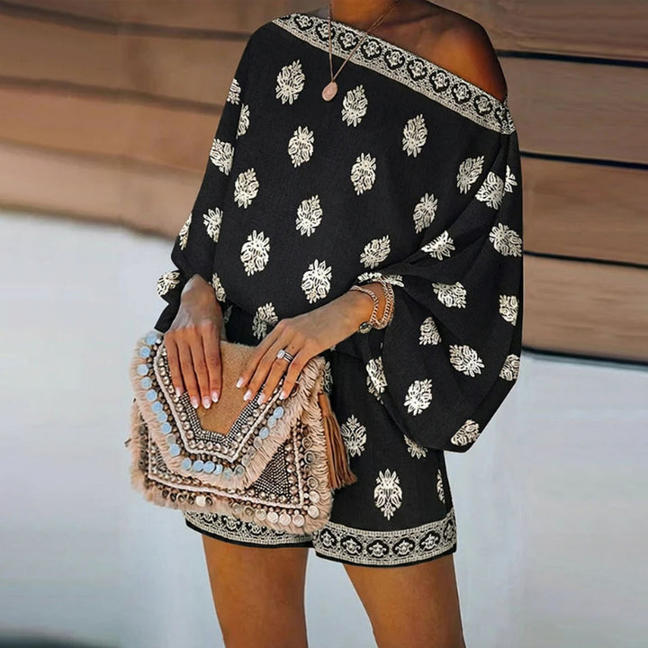 Boho Rompers for Women Off The Shoulder Casual Boho Jumpsuit Loose Lantern Sleeve Rompers for Vacation Beach ingenious