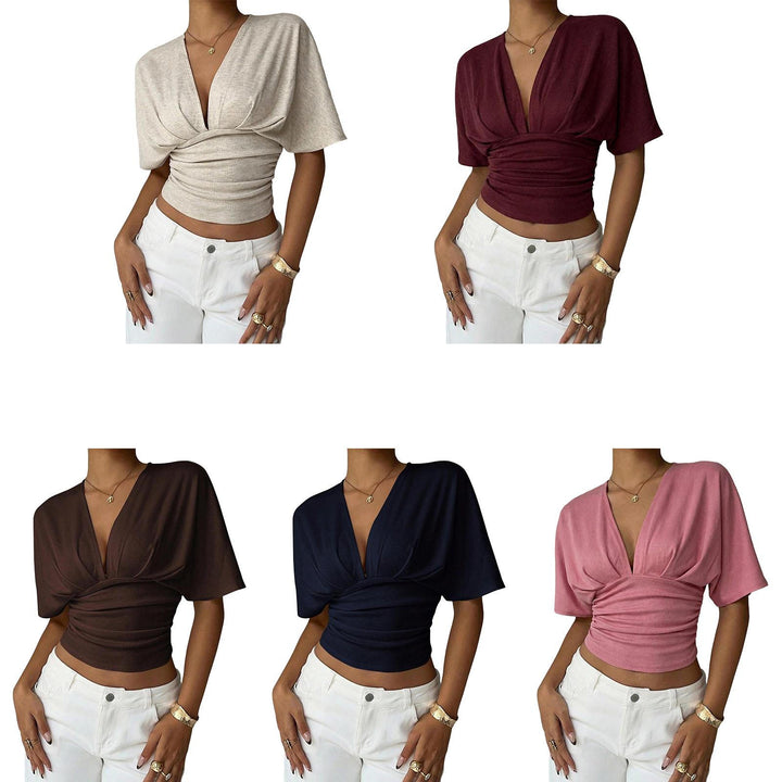 Cinch Waist Tops for Women Ruched Deep V Neck Crop Tops Sexy Summer T Shirts Short Sleeve for Travel Dating original