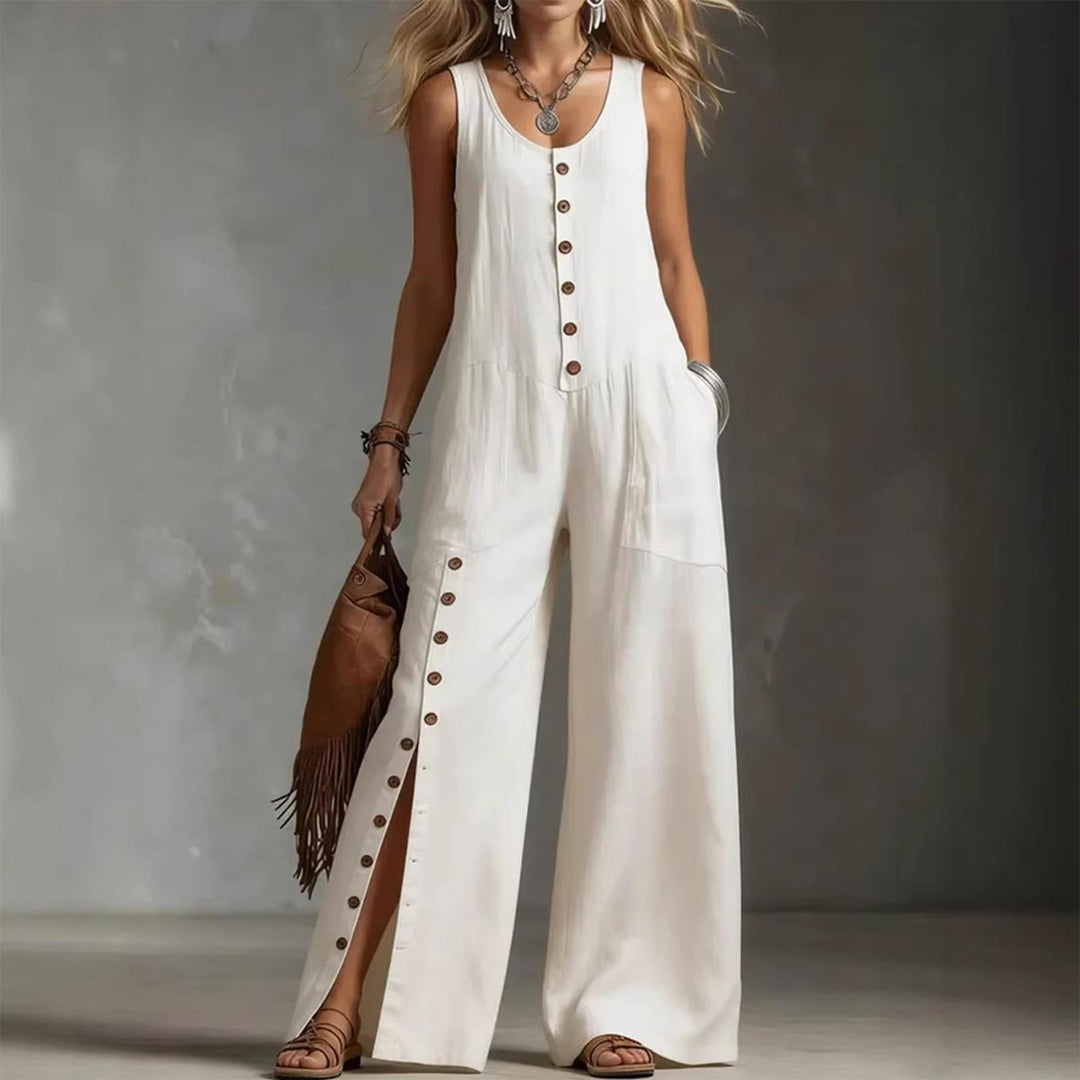 Button Down Jumpsuit for Women Button Up Wide Legs Pants Fashion Sleeveless Overall with Pockets for Beach beautiful