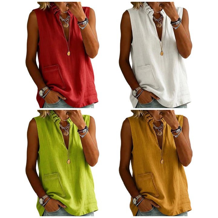 Linen Tank Tops for Women V Neck Ruffled Collar Sleeveless Shirt Summer Casual Tunic Tops for Daily Dating ordinary
