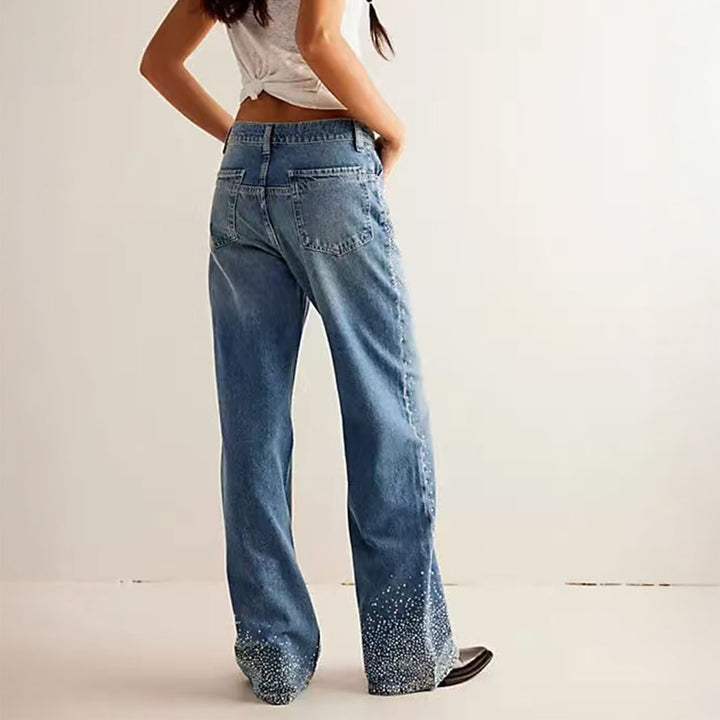 Rhinestone Jeans for Women Straight Leg Casual Palazzo Pants Loose Fit Mid Rise Trousers for Travel Dating enhanced