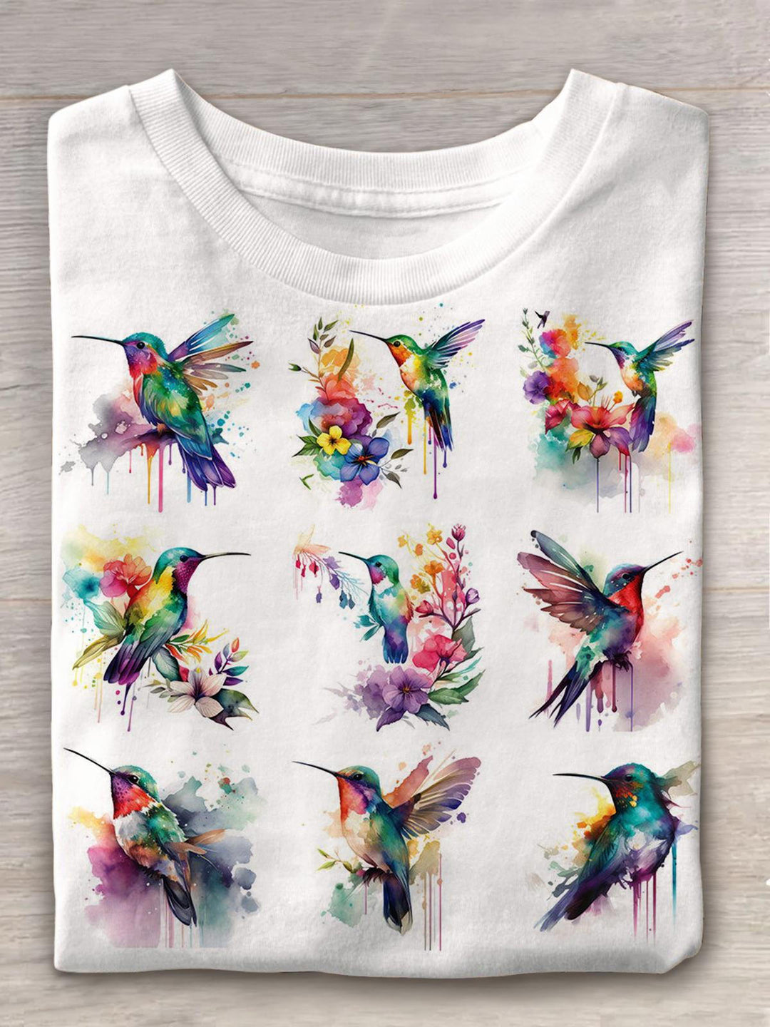 Colorful Hummingbirds print Crew Neck T-shirt