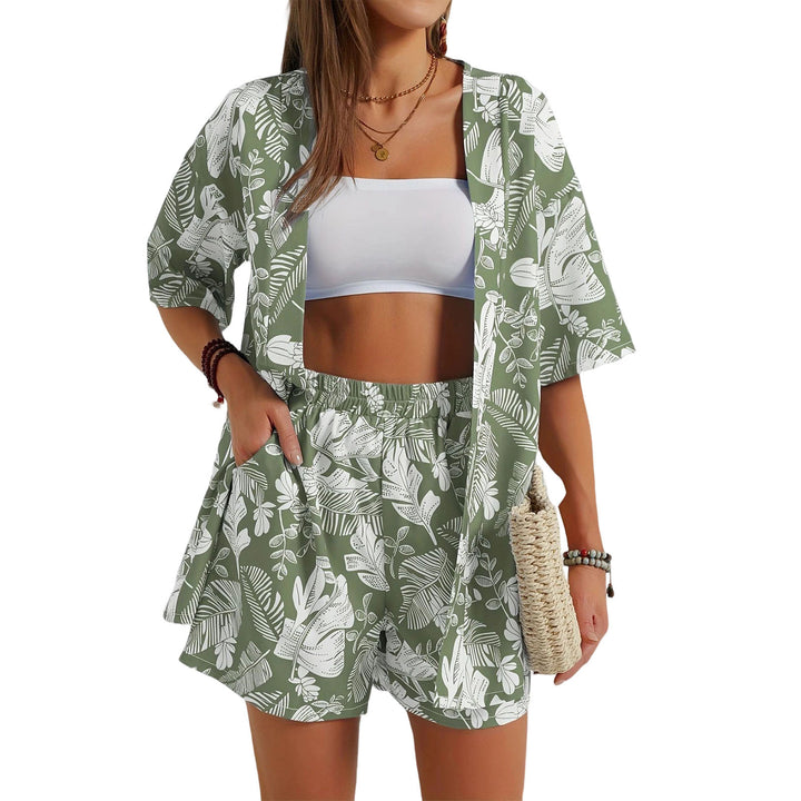 Beach 2 Piece Outfits for Women Boho Floral Leaf Summer Outfits Short Sleeve Shirt Beach Sets for Daily Wear favorable