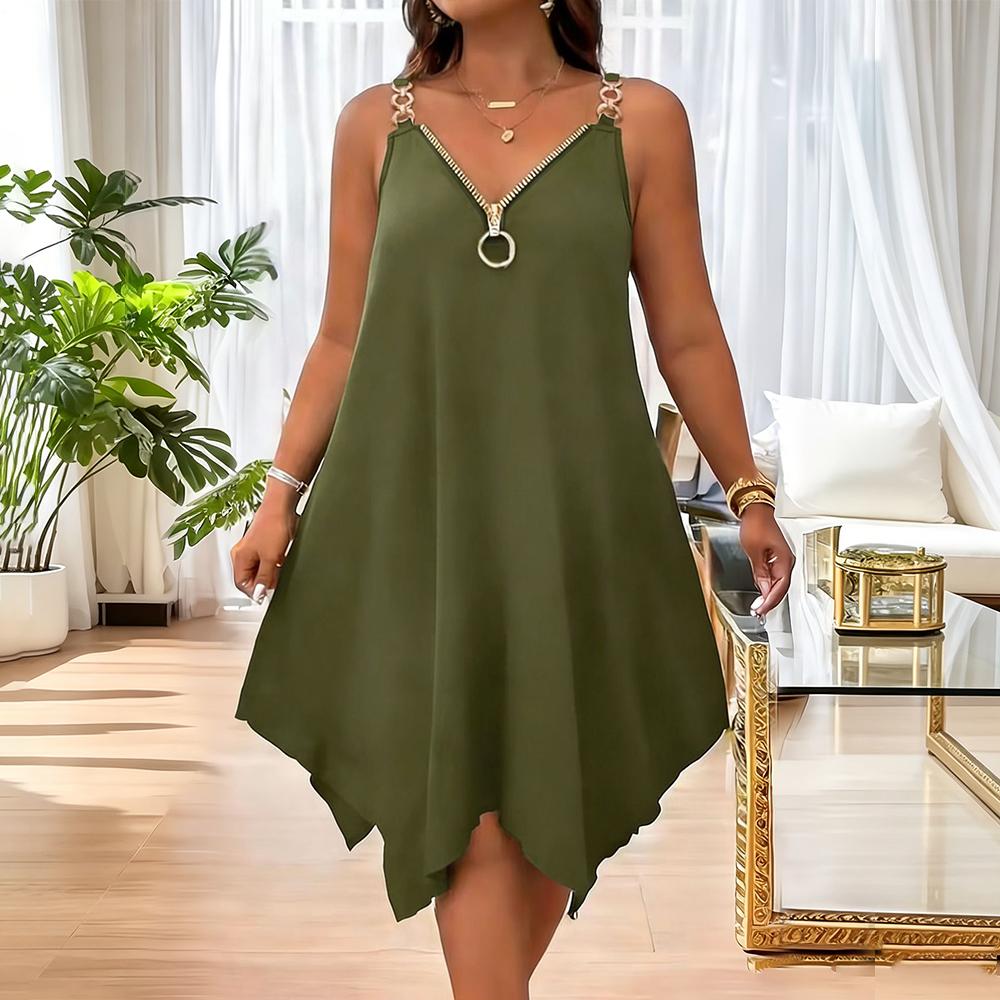 Sleeveless Summer Dress Front Zipper Summer V Neck Beach Dresses Sleeveless Loose Sundresses for Daily Wear ordinary