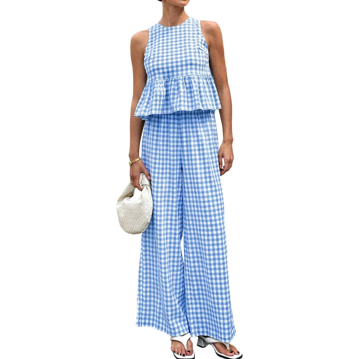 Womens Gingham Set Ruffle Plaid Peplum Tops and Pants Summer Vacation Going Out Sets for Daily Wear Beach admired