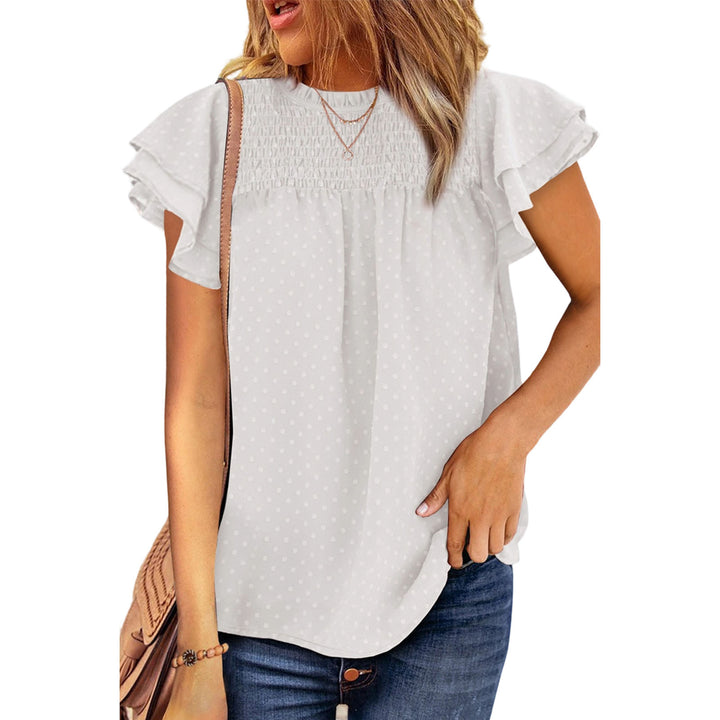 Womens Ruffle Short Sleeve Blouse Dot Smocked Crewneck Summer Flowy Chiffon Shirts Pullover Tops for Travel expedient