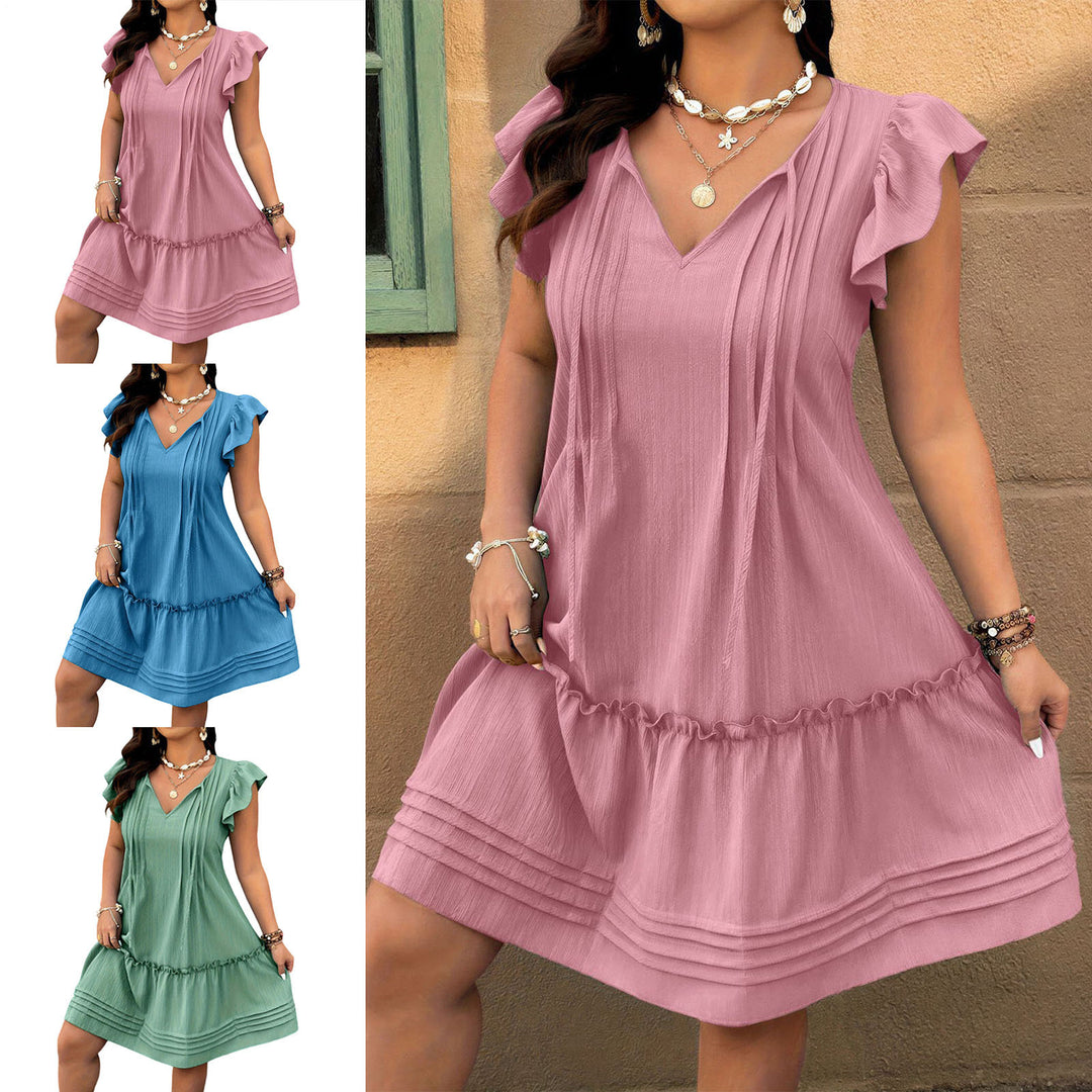 Ruffle Sleeve Dress Tie Front V Neck Casual Ruffle Short Sleeve Flowy Dresses Beach Clothes for Daily Wear convenient