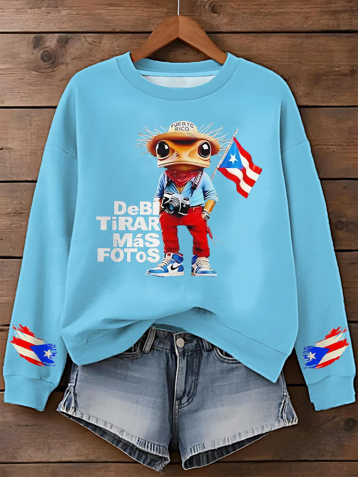 Puerto Rican Frog Print Long Sleeve Casual Top