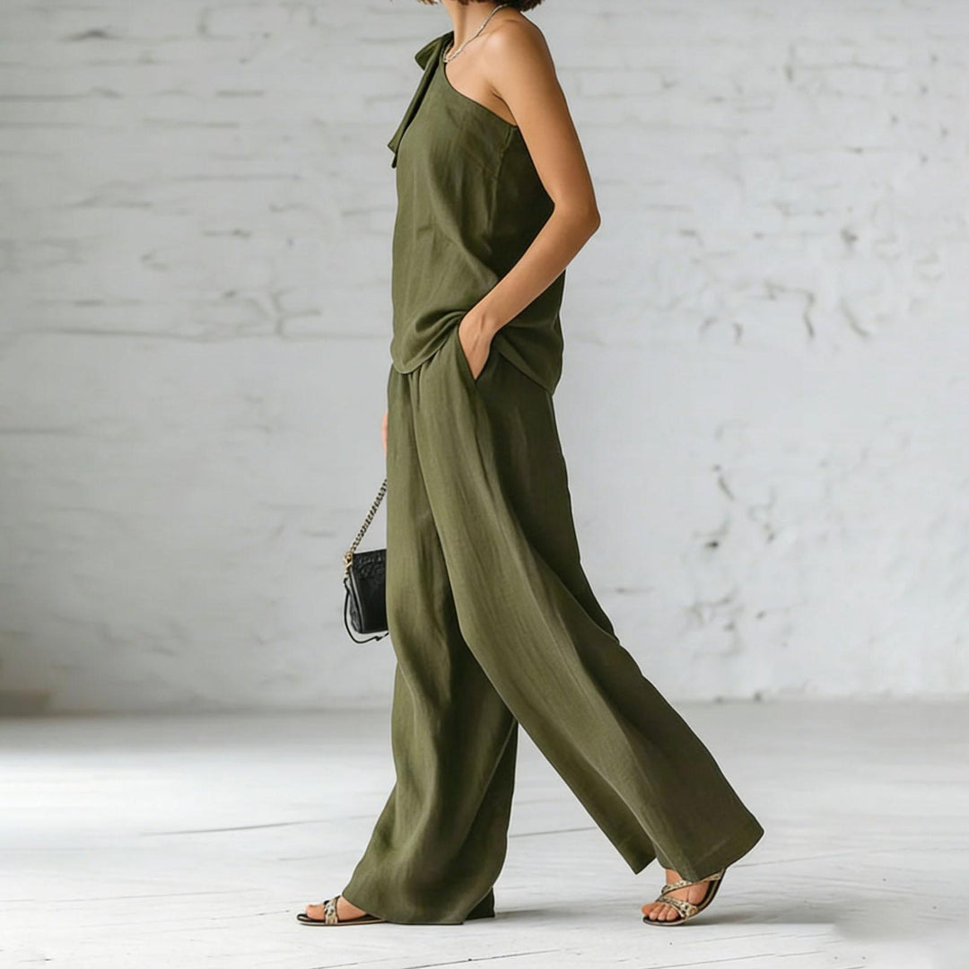 Summer Outfits for Women 2 Piece Set Off Shoulder Asymmetrical Neck Tank Tops Wide Leg Pants Set for Travel refined
