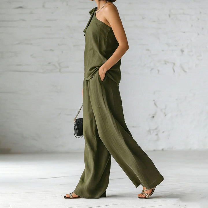 Summer Outfits for Women 2 Piece Set Off Shoulder Asymmetrical Neck Tank Tops Wide Leg Pants Set for Travel refined
