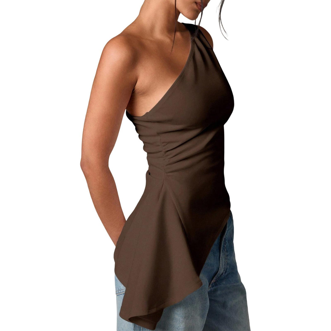 Off Shoulder Ruffle Top Asymmetrical Neck Summer Going Out Sexy Elegant Ruched Sleeveless Tops for Datng friendly