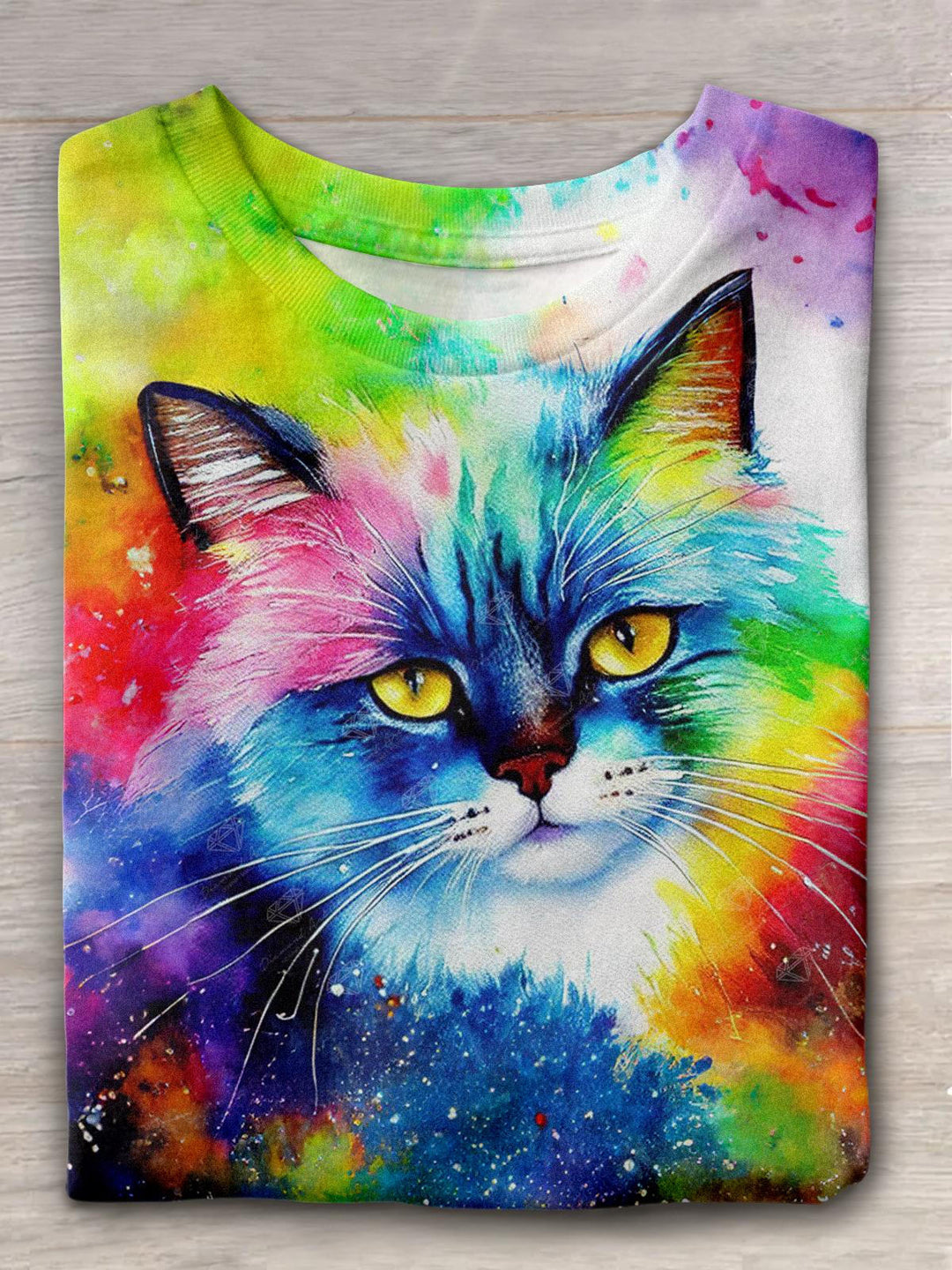 Watercolor Rainbow Cat Crew Neck T-shirt