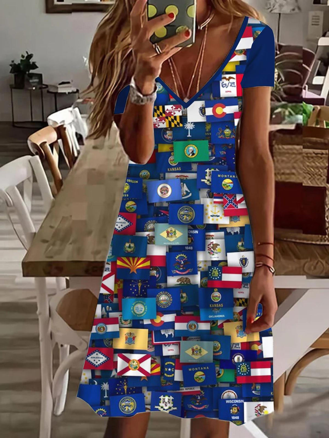Flags Of All US States V Neck Short Sleeve Dress