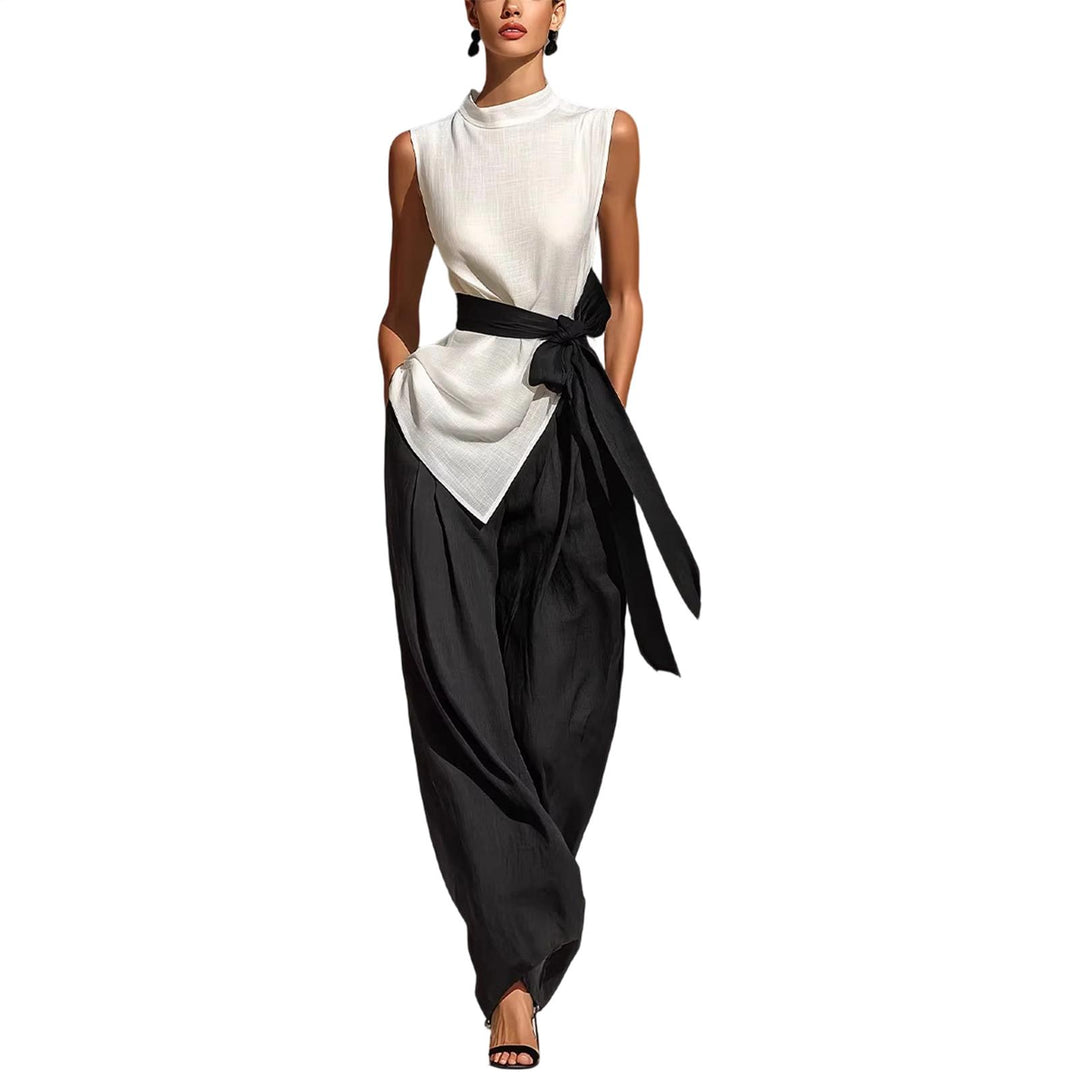 Summer Sets Women 2 Piece Outfits Mock Neck Tie Waist Asymmetrical Tank Top and Wide Leg Pants Set for Dating excitement