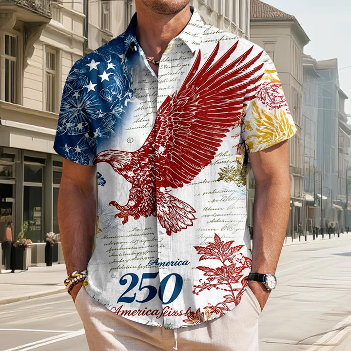 Patriotic Button Up Shirts For Men 250 Years Flag Lapel Short Sleeve Casual Trendy Hawaiian Shirts for Travel respectable