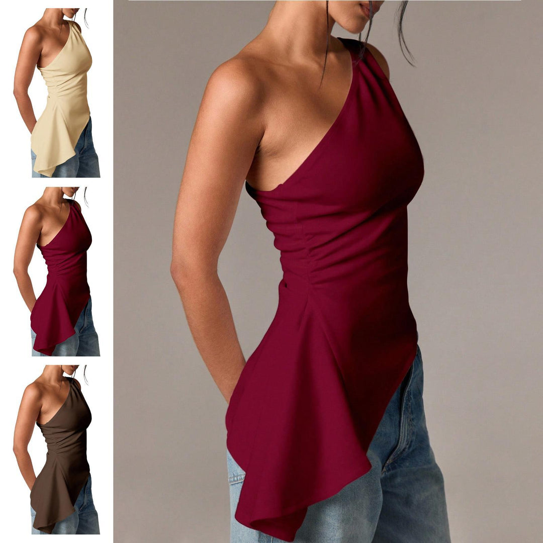 Off Shoulder Ruffle Top Asymmetrical Neck Summer Going Out Sexy Elegant Ruched Sleeveless Tops for Datng friendly