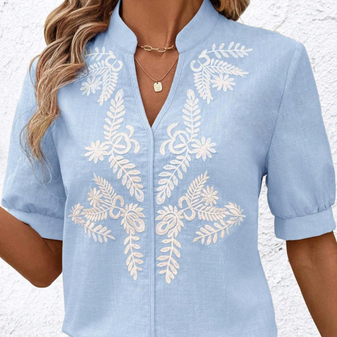 Embroidered Blouses for Women V Neck Floral Embroidered Top Short Sleeve Blouses Fashion Clothes for Travel generous