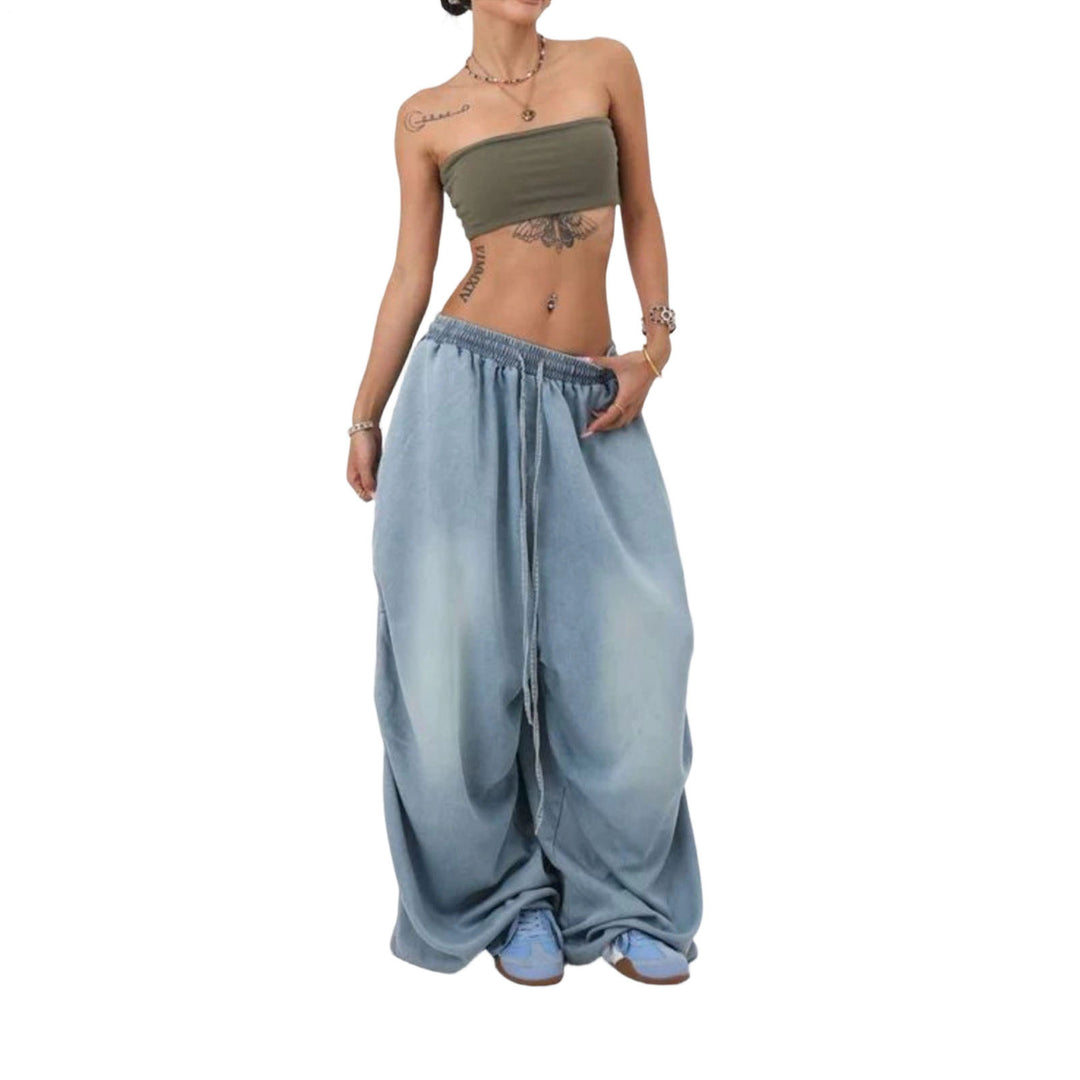 Womens Elastic Waist Jeans Low Rise Vintage Baggy Barrel Jeans Streetwear Loose Fit Denim Pants for Travel candid