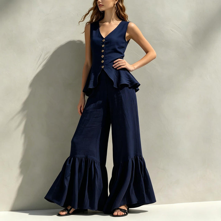 Women Two Piece Outfits Sets V Neck Sleeveless Peplum Top and Ruffle Flare Leg Pants Set for Dating Travel astonishing