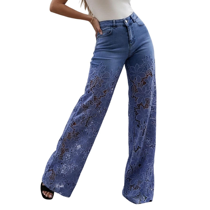 Lace Jeans for Women Hollow Lace Spliced High Waisted Fashion Jeans Loose Fit Denim Pants for Daily Wear exceptional