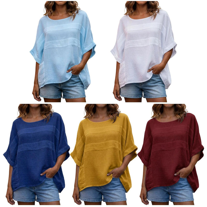 Women's Linen Shirt 3/4 Batwing Sleeve Summer Casual Crewneck Shirts Lightweight Flowy Blouses for Travel reasonable