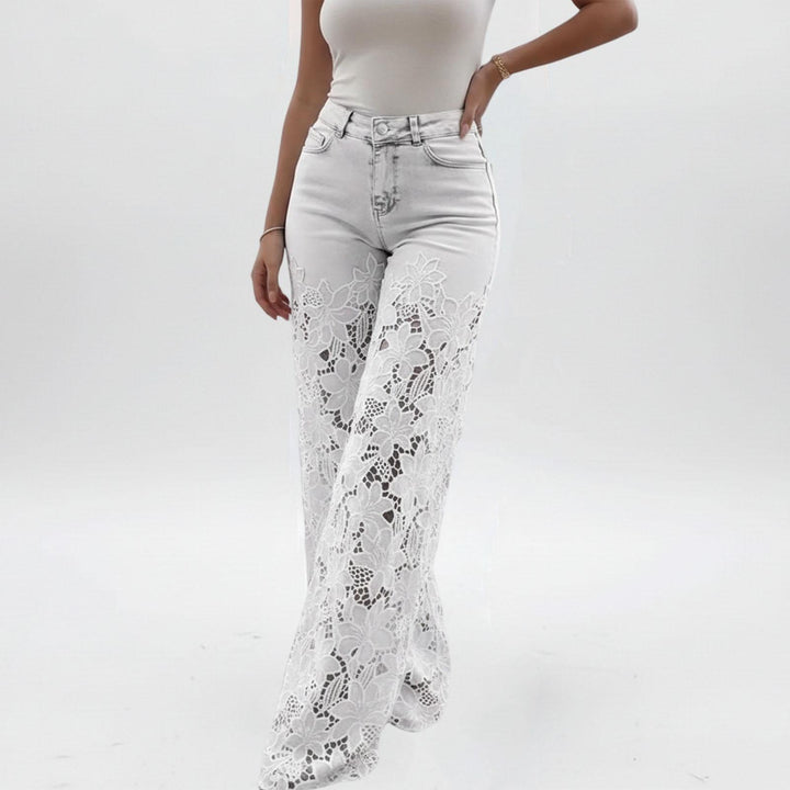 Lace Jeans for Women Hollow Lace Spliced High Waisted Fashion Jeans Loose Fit Denim Pants for Daily Wear exceptional