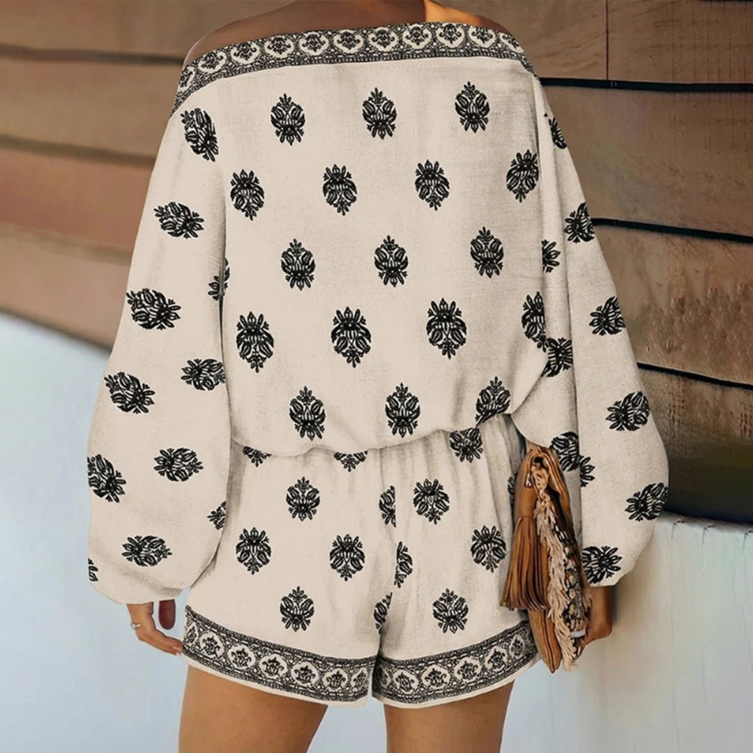 Boho Rompers for Women Off The Shoulder Casual Boho Jumpsuit Loose Lantern Sleeve Rompers for Vacation Beach ingenious