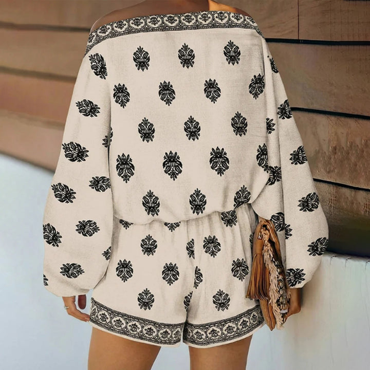 Boho Rompers for Women Off The Shoulder Casual Boho Jumpsuit Loose Lantern Sleeve Rompers for Vacation Beach ingenious