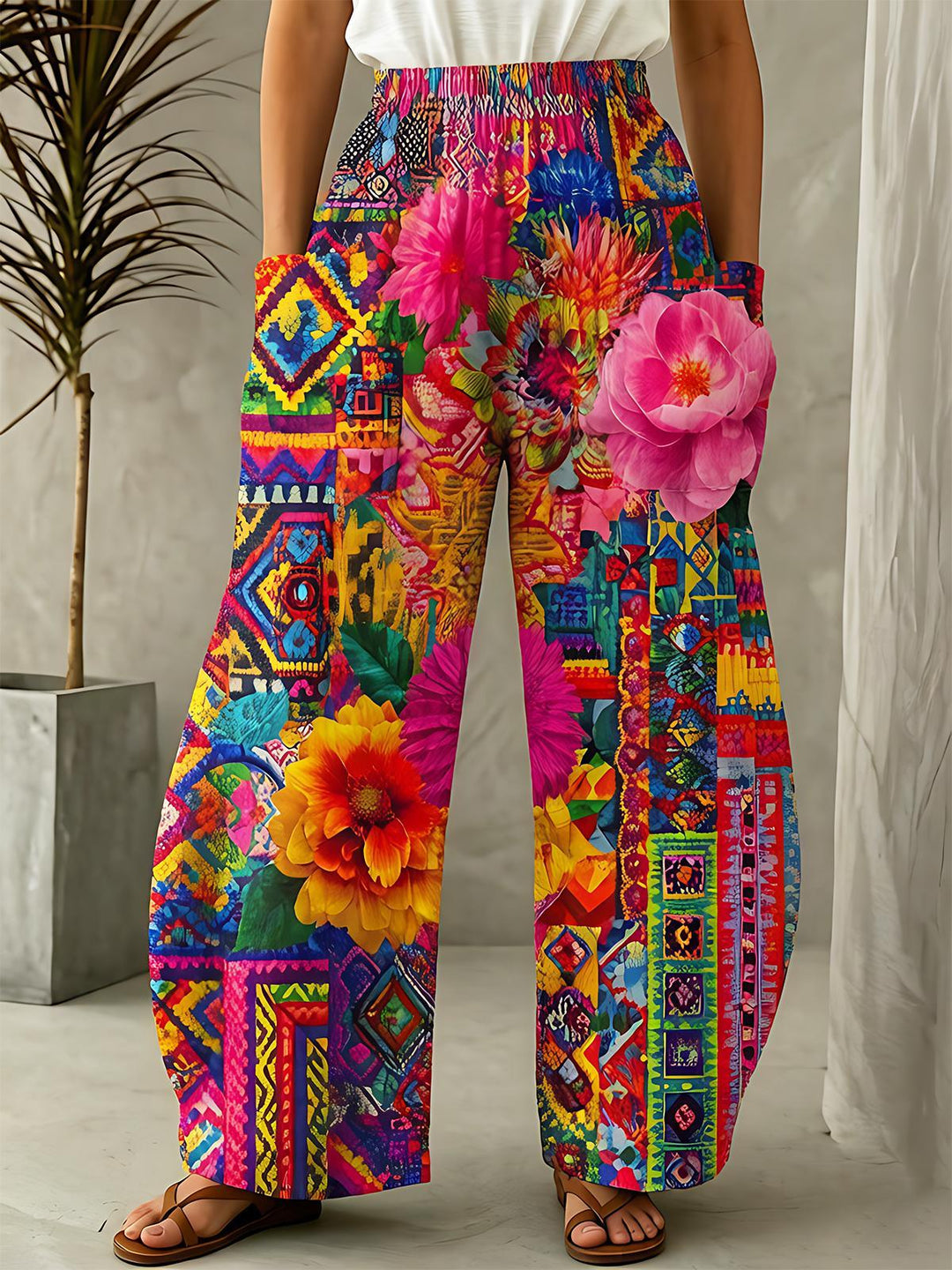 Colorful Ethnic Geometric Big Flower Women's Casual Pants