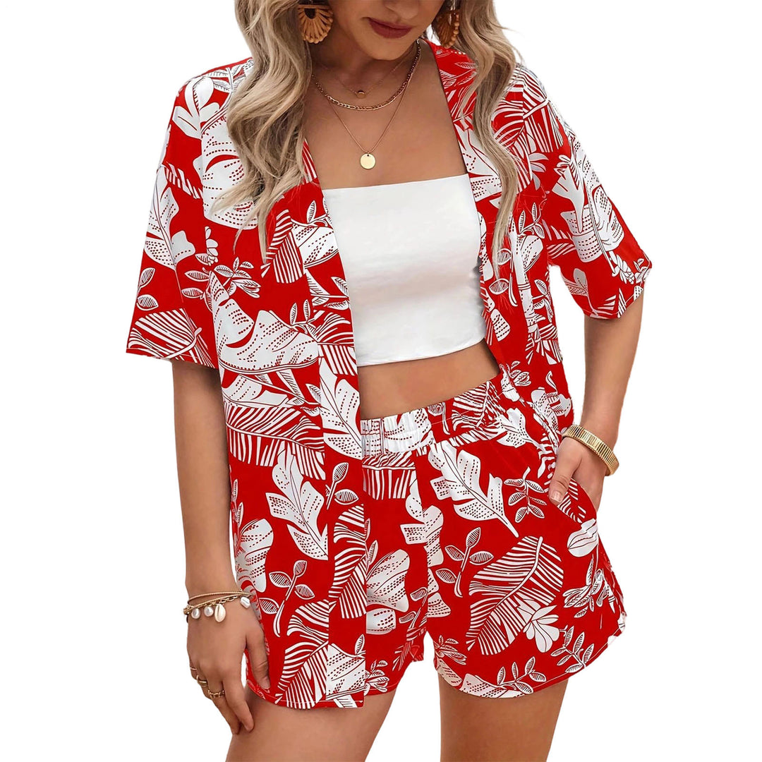 Beach 2 Piece Outfits for Women Boho Floral Leaf Summer Outfits Short Sleeve Shirt Beach Sets for Daily Wear favorable