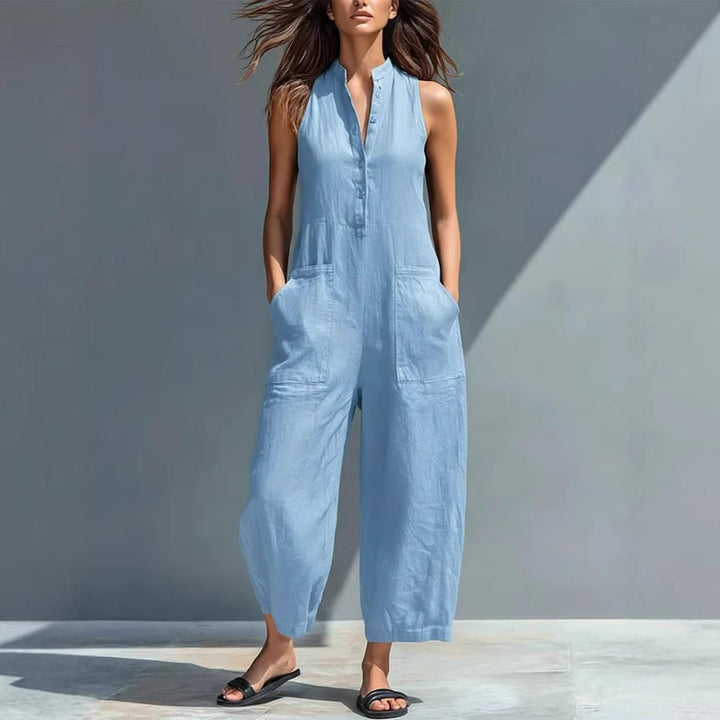 Sleeveless Jumpsuits for Women Button Front Stand Collar Sleeveless Loose Wide Leg Jumpsuit for Vacation classical