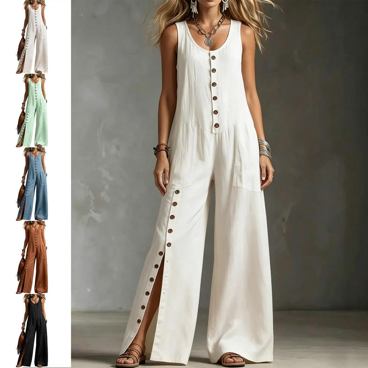Button Down Jumpsuit for Women Button Up Wide Legs Pants Fashion Sleeveless Overall with Pockets for Beach beautiful