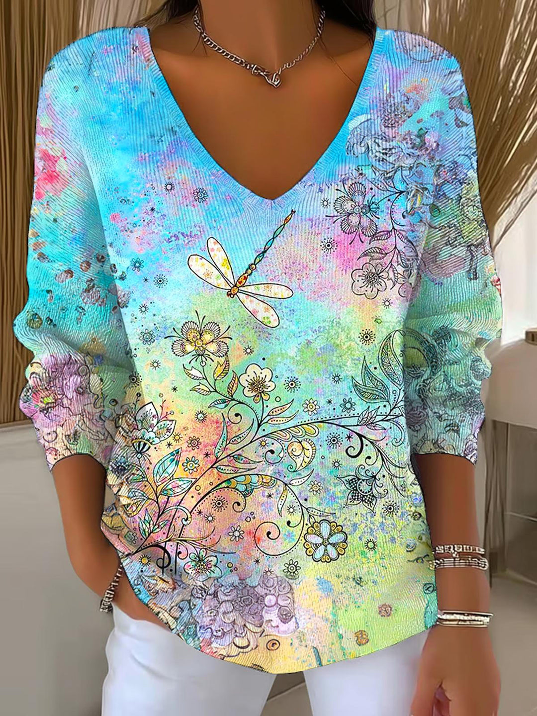 Autumn Floral Dragonfly Print Casual V Neck Pullover Sweater