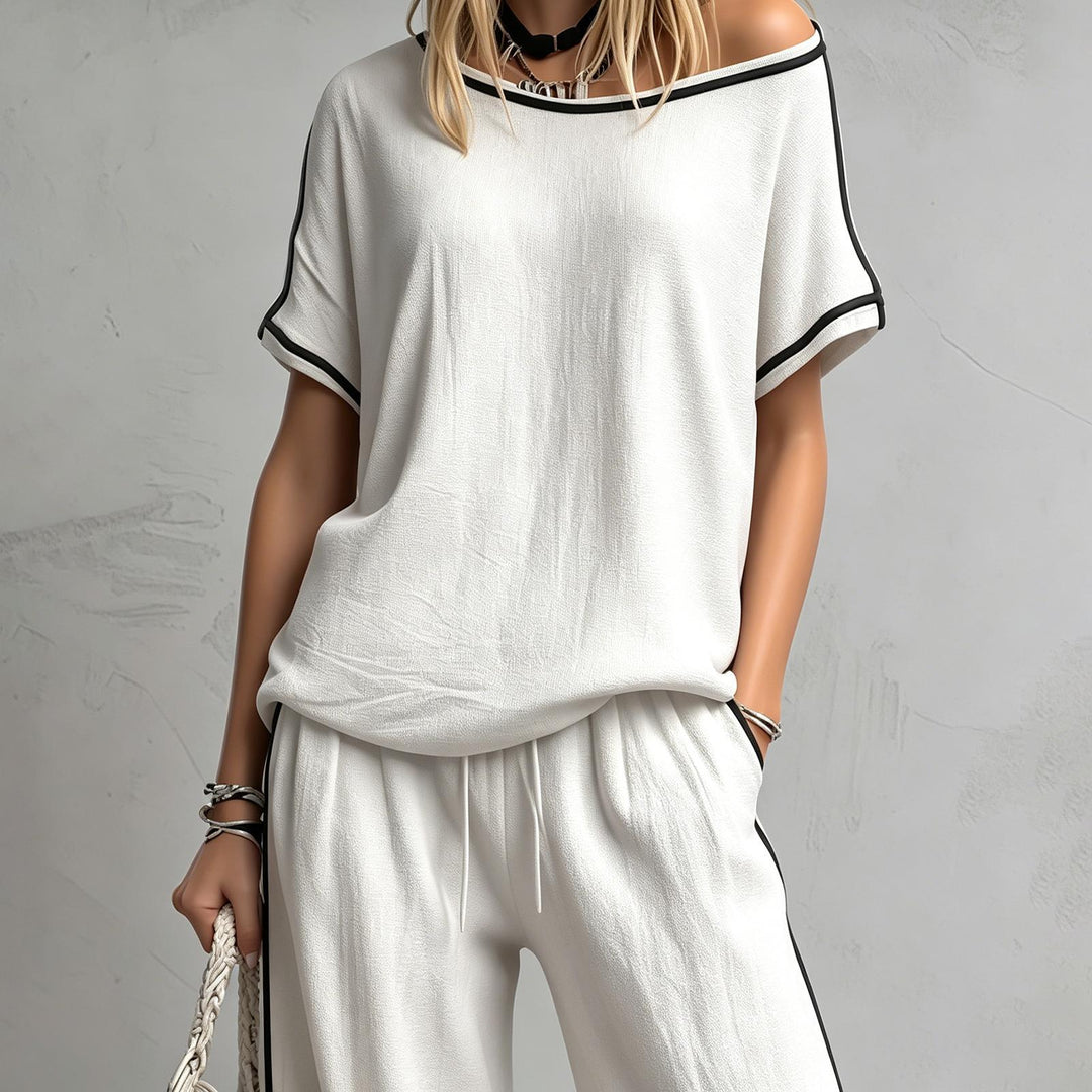 Two Piece Lounge Set for Women Color-Blocked Short Sleeve Top Loose Fit Wide Leg Pants Macthing Set for Daily right