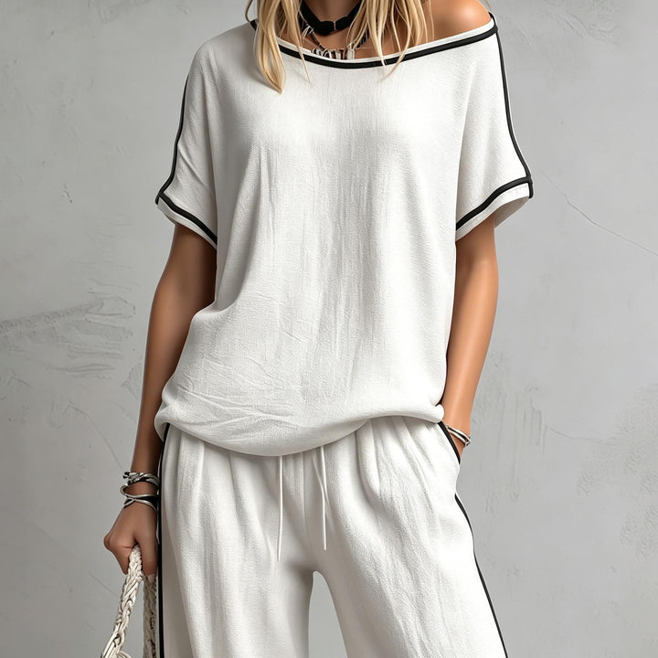 Two Piece Lounge Set for Women Color-Blocked Short Sleeve Top Loose Fit Wide Leg Pants Macthing Set for Daily right