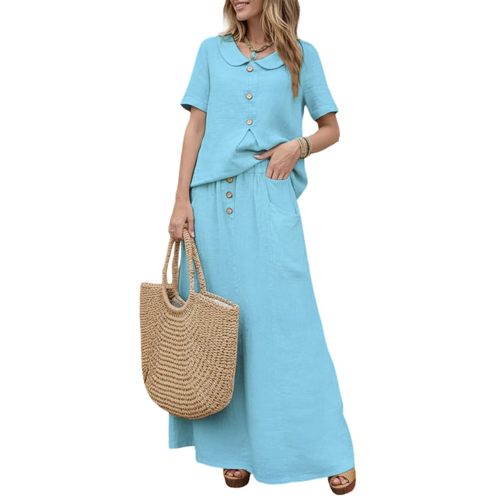 2 Piece Skirt Set Solid Cotton Two Piece Sets Short Sleeve Top and Maxi Skirt Casual Outfit for Daily Wear everywhere