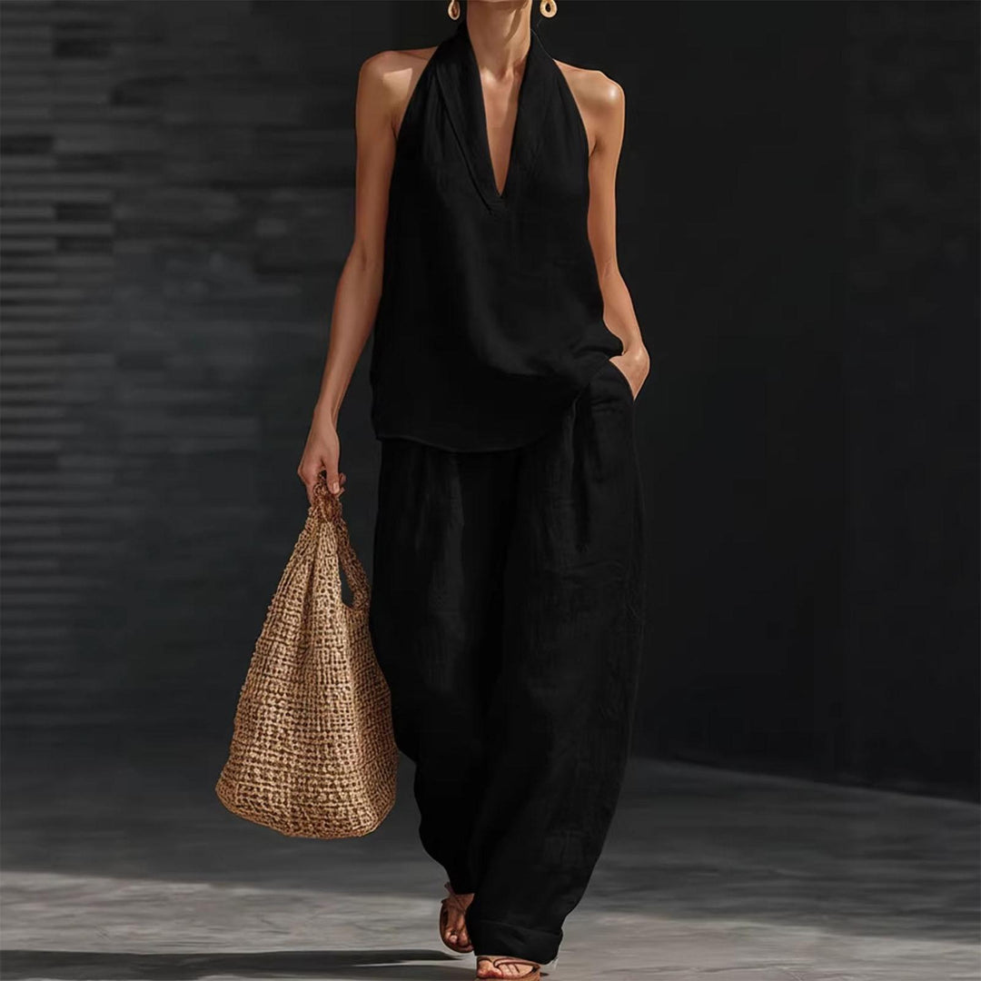 Summer Outfits for Women 2 Piece Set Deep V Neck Sleeveless Loose Fit Halter Top and Wide Leg Pants for Beach classical