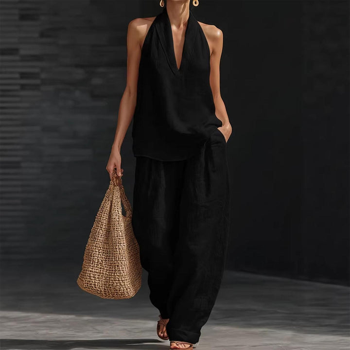 Summer Outfits for Women 2 Piece Set Deep V Neck Sleeveless Loose Fit Halter Top and Wide Leg Pants for Beach classical