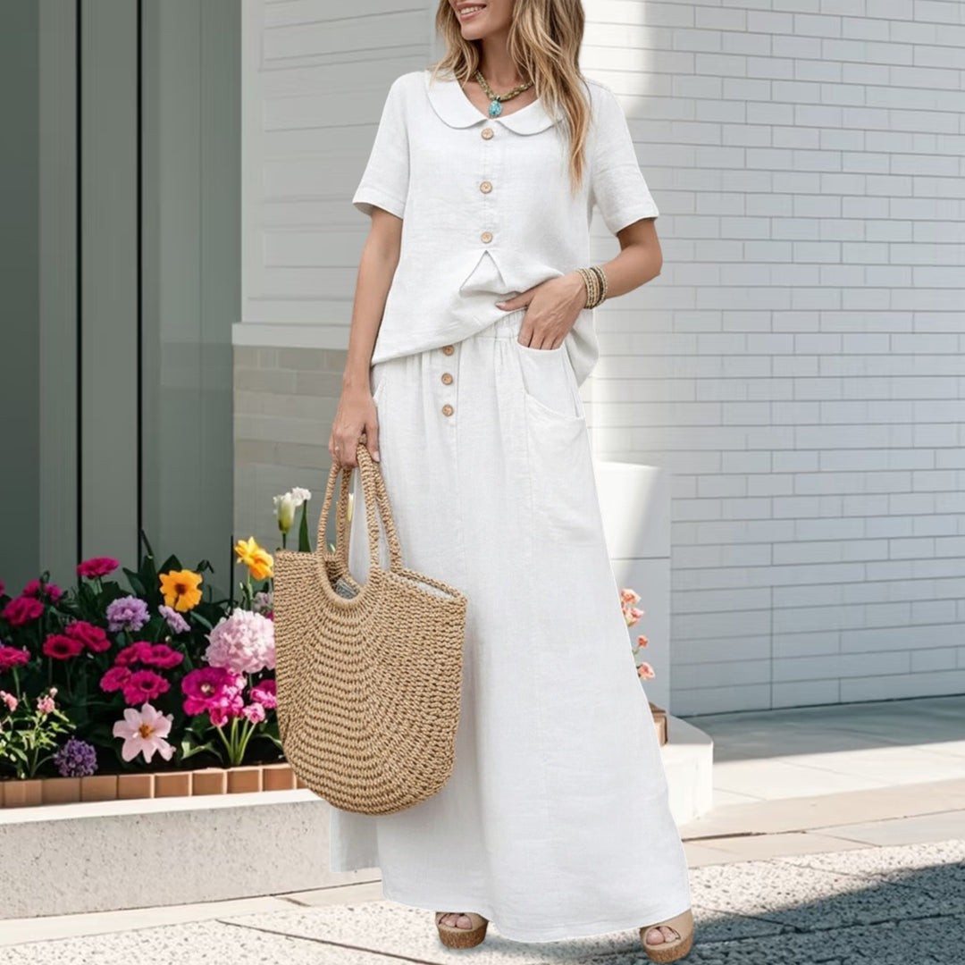 2 Piece Skirt Set Solid Cotton Two Piece Sets Short Sleeve Top and Maxi Skirt Casual Outfit for Daily Wear everywhere
