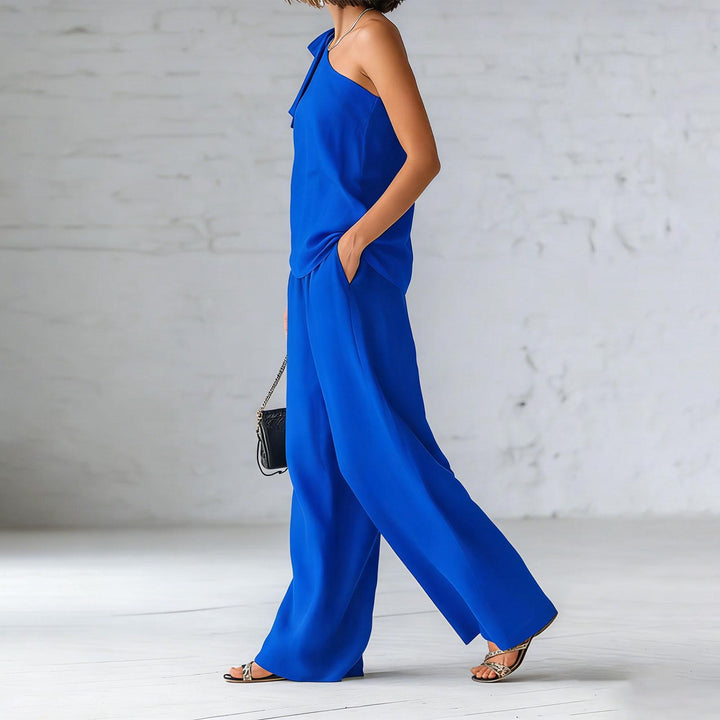 Summer Outfits for Women 2 Piece Set Off Shoulder Asymmetrical Neck Tank Tops Wide Leg Pants Set for Travel refined