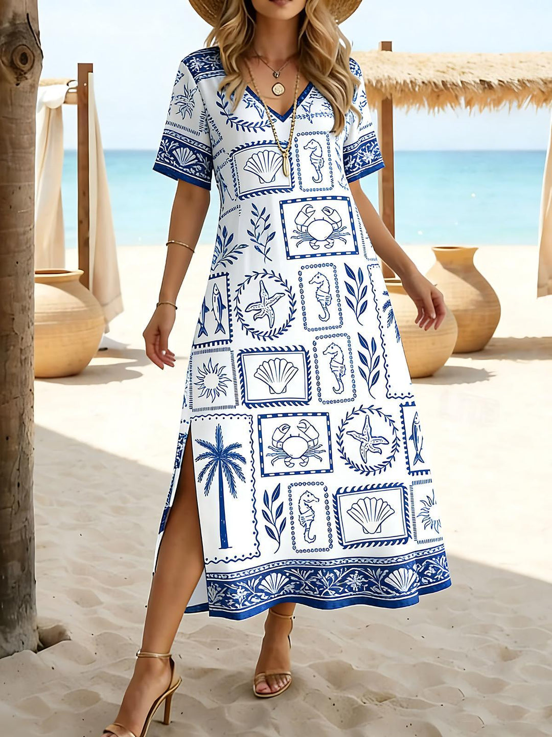 Hawaiian Women's Short Sleeve V Neck Maxi Dress