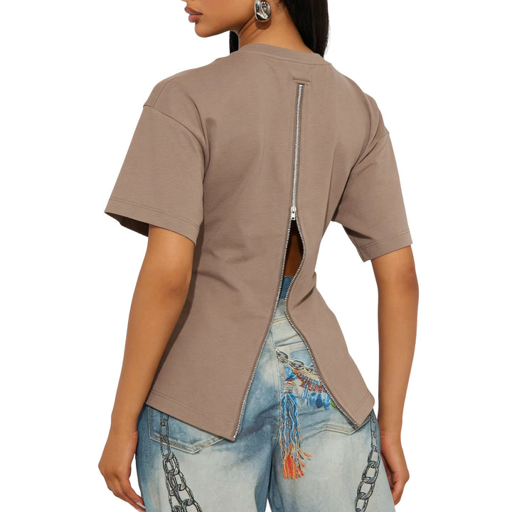 Zipper Back Shirt for Women Back Zipper Crewneck Short Sleeve Cinched Waist Top for Daily Wear Vacation method