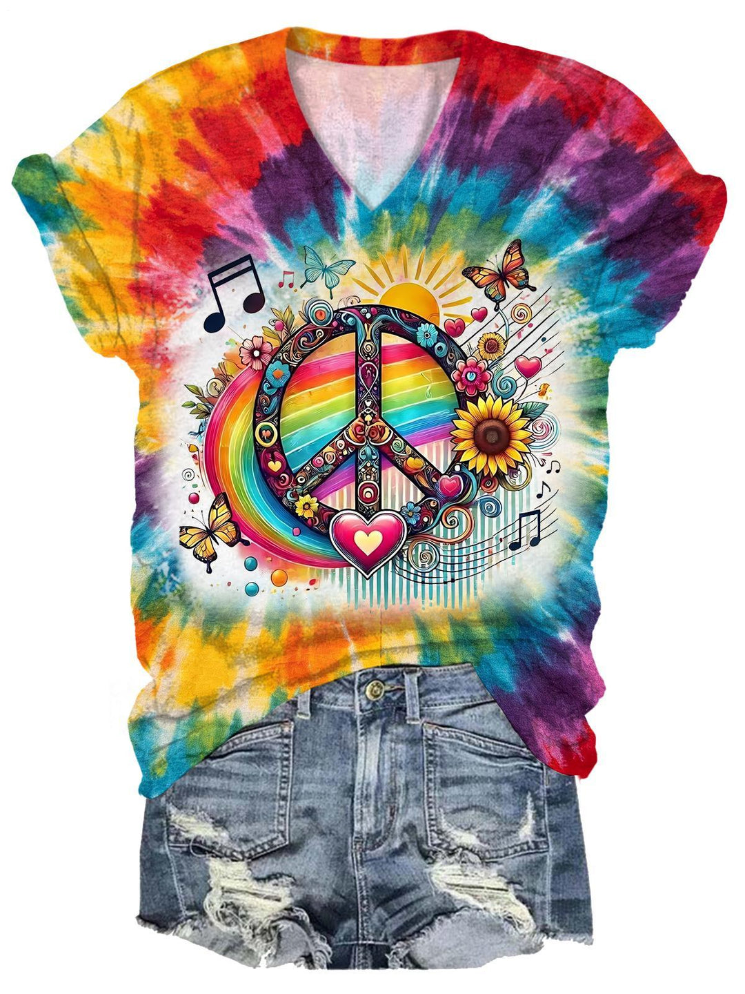 Women's Color Peace Music Symbol Tie-Dye Short Sleeve V-Neck T-Shirt