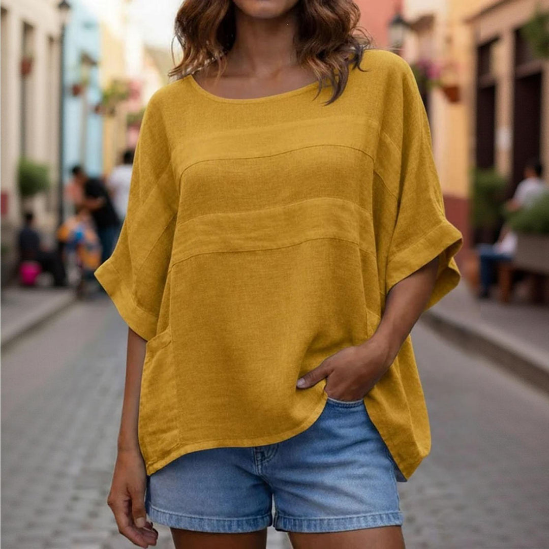 Women's Linen Shirt 3/4 Batwing Sleeve Summer Casual Crewneck Shirts Lightweight Flowy Blouses for Travel reasonable