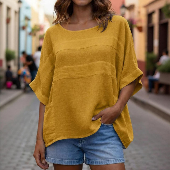 Women's Linen Shirt 3/4 Batwing Sleeve Summer Casual Crewneck Shirts Lightweight Flowy Blouses for Travel reasonable