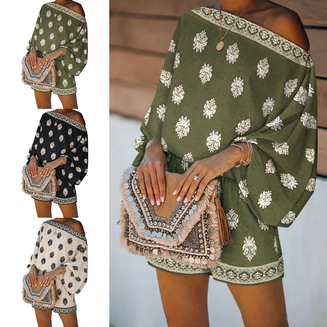 Boho Rompers for Women Off The Shoulder Casual Boho Jumpsuit Loose Lantern Sleeve Rompers for Vacation Beach ingenious