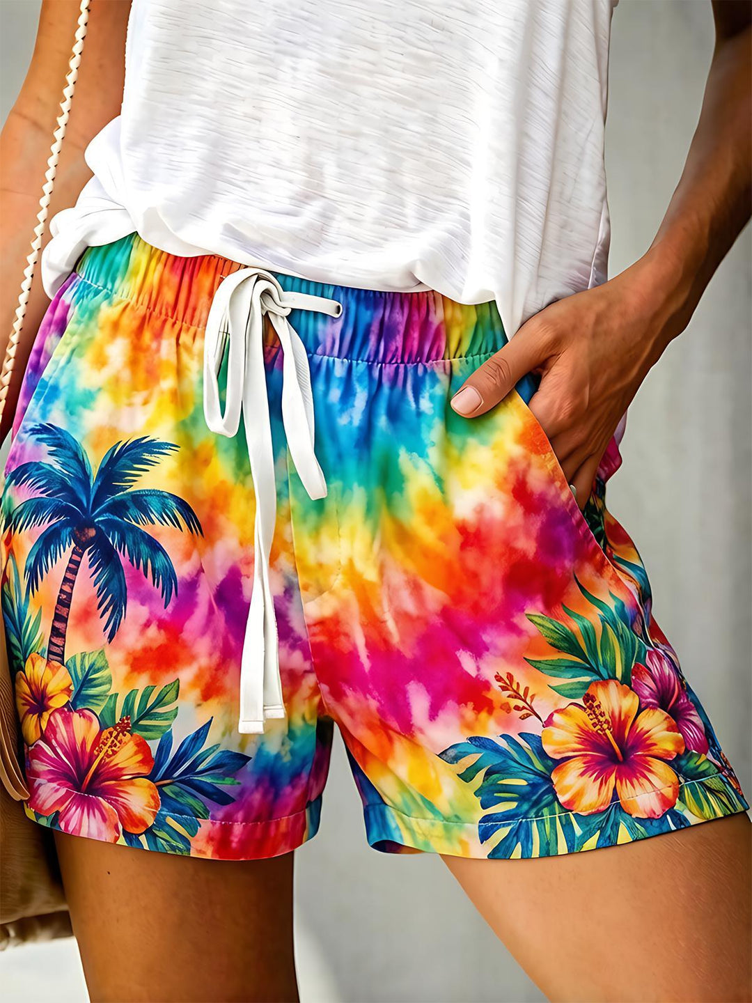 Hawaiian Colorful Tie-Dye Flowers & Palm Trees Print Casual Shorts
