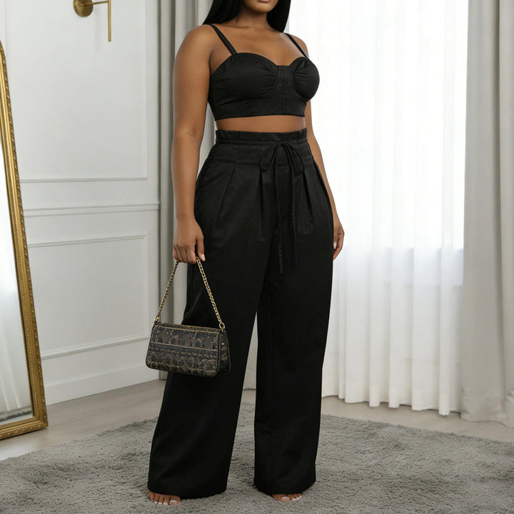 Women's 2 Piece Sets Sleeveless Crop Bustier Tops Wide Leg Casual Trousers with Drawstring for Streetwear premium